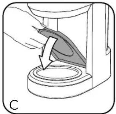 Diagram of a hand pressing down on a circular component with a downward arrow, labeled 'C' (no text or symbols on the diagram itself)