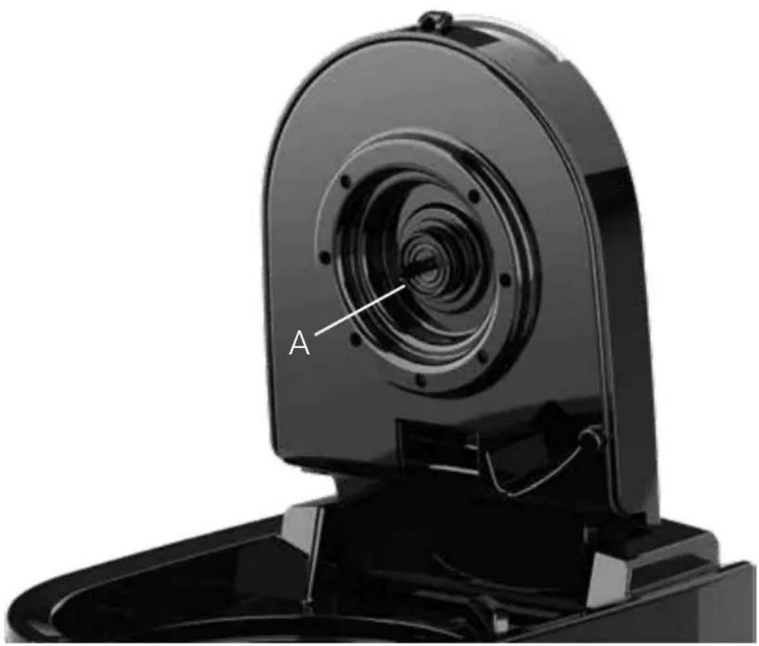 Close-up of a black industrial device with concentric circular components and labeled component 'A' (no text or symbols beyond label)