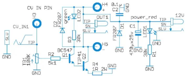 CV IN PIN H3 CU_IN1 D2 FR207 green LED2 OUT1 0.1μ C2 GND R3 30k SN SLV BC547 R2 5k1 TIP41 Q1 Q2 H5 - R4 1R 2W GND GND FR207 D1 power_red TIP SN SLV 470µx25v GND LED1 GND 30k R1 GND TR1 100K GND