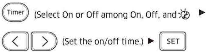 Timer (Select On or Off among On, Off, and ▶ ◀ > (Set the on/off time.) ▶ SET