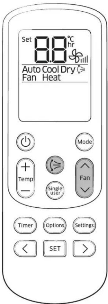 Set 8.8°C hr Auto Cool Dry Fan Heat Mode Temp - Single user Fan Timer Options Settings < SET >