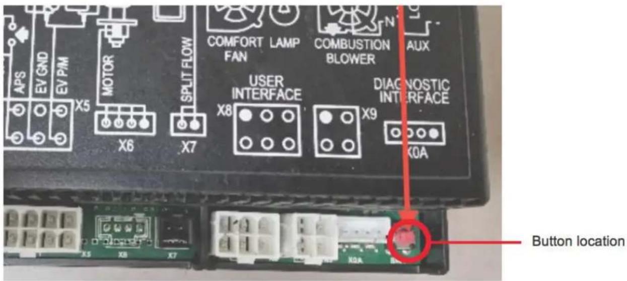 APS EV GND EV PAM MOTOR SPLIT FLOW COMFORT LAMP FAN COMBUSTION BLOWER N AUX USER INTERFACE X8 X7 X9 DIAGNOSTIC INTERFACE X0A Button location