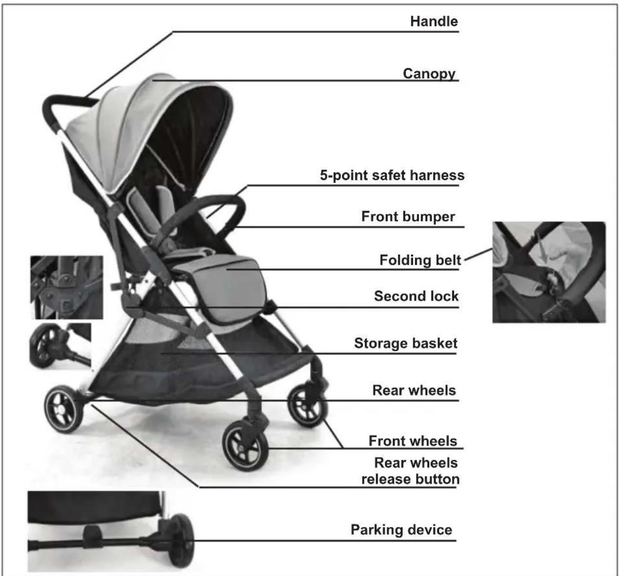 Handle Canopy 5-point safet harness Front bumper Folding belt Second lock Storage basket Rear wheels Front wheels Rear wheels release button Parking device