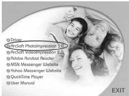 Driver ArcSoft Photolmpression 5.0 ArcSoft Videolmpression 2.0 Adobe Acrobat Reader MSN Messenger Website Yahoo Messenger Website QuickTime Player User Manual EXIT