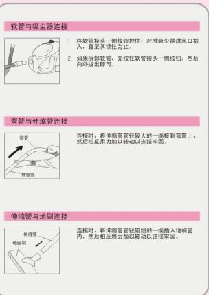 软管与吸尘器连接 1 将软管接头一侧接住控住,对准吸尘器进风口插入,直至其锁住为止。 2 如果拆卸软管,先按住软管接头一侧按钮,然后向外拔出即可。 弯管与伸缩管连接 弯管 连接时,将伸缩管管径较大的一端接到弯管上,然后相反用力加以转动以连接牢固。 伸缩管与地刷连接 伸缩管 连接时,将伸缩管管径较短的一端插入地刷管内,然后相反用力加以转动以连接牢固。