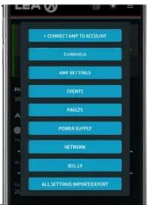 + CONNECT AMP TO ACCOUNT CHANNELS AMP SETTINGS EVENTS FAULTS POWER SUPPLY NETWORK 902.1X ALL SETTINGS IMPORT/EXPORT
