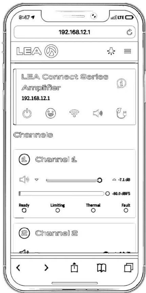 8:47 192.168.12.1 LEA LEA Connect Series Amplifier 192.168.12.1 Channels ① Channel 1 -7.1 dB -80.0 dBFS Ready Limiting Thermal Fault ② Channel 2
