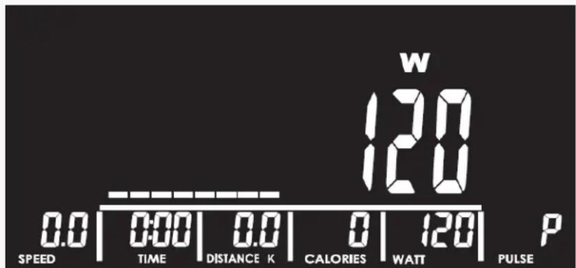 w 120 120 0.0 | 0:00 | 0.0 | 0 | 120 | P SPEED TIME DISTANCE K CALORIES WATT PULSE