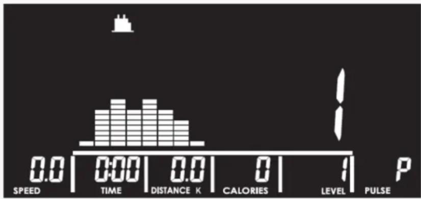 0.0 | 0:00 | 0.0 | 0 | 1 P SPEED TIME DISTANCE K CALORIES LEVEL PULSE
