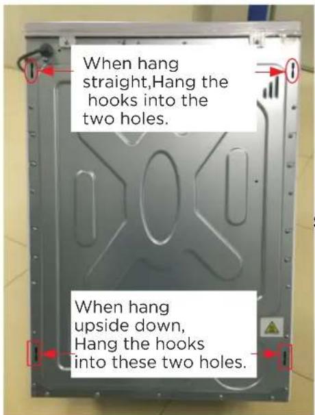 When hang straight,Hang the hooks into the two holes. When hang upside down, Hang the hooks into these two holes.