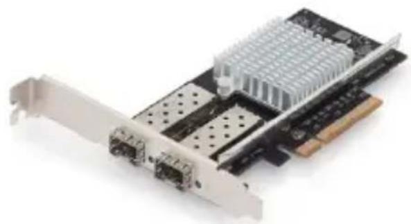 Close-up of a PCI E214 card with dual ports and heatsink (no text or symbols visible)