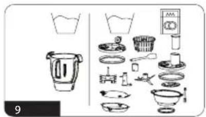 Illustration of kitchen utensils and food items with labeled parts, including a blender and a refrigerator.