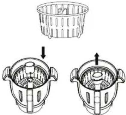 Diagram showing two steps of a food preparation or cooking process, with a basket and steamer being added.