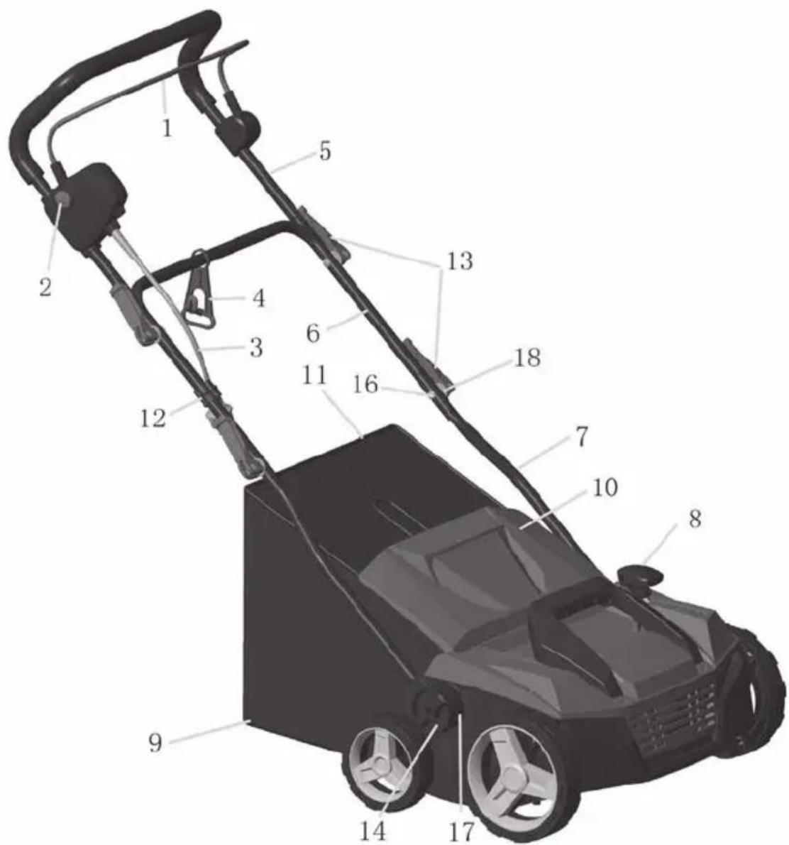 Labeled diagram of a lawn mower with numbered parts for identification