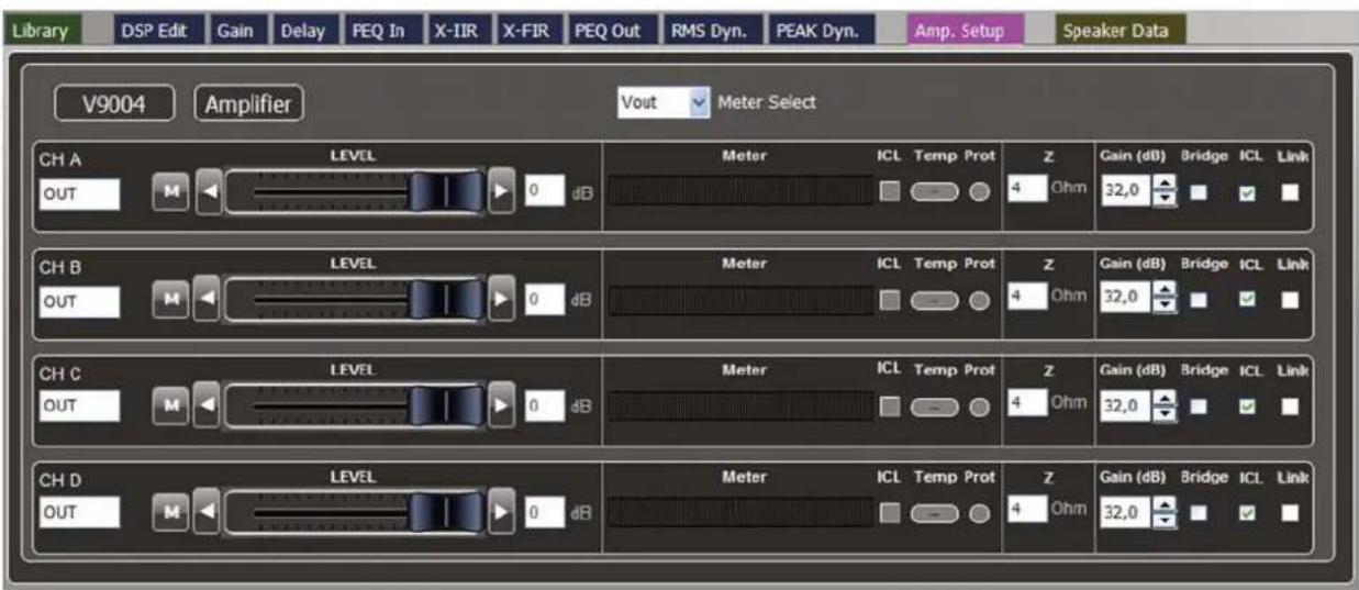 Library DSP Edit Gain Delay PEQ In X-IIR X-FIR PEQ Out RMS Dyn. PEAK Dyn. Amp. Setup Speaker Data V9004 Amplifier Vout Meter Select CH A LEVEL OUT 0 dB Meter ICL Temp Prot Z Gain (dB) Bridge ICL Link 4 Ohm 32,0 CH B LEVEL OUT 0 dB Meter ICL Temp Prot Z Gain (dB) Bridge ICL Link 4 Ohm 32,0 CH C LEVEL…