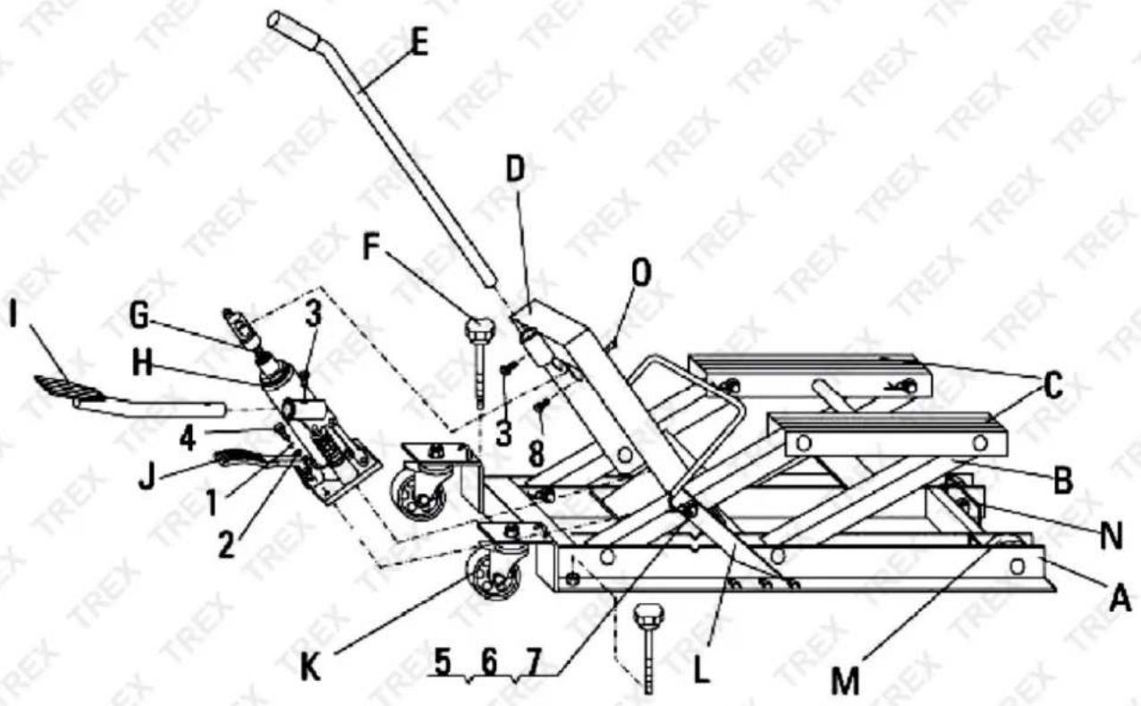 Technical diagram of a mechanical device with labeled parts, likely for assembly or maintenance reference.