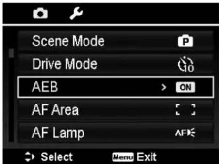 Scene Mode Drive Mode AEB > ON AF Area AF Lamp Select Menu Exit