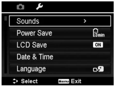 Sounds Power Save LCD Save ON Date & Time Language Select Menu Exit