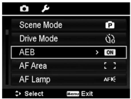 Scene Mode Drive Mode AEB > ON AF Area AF Lamp Select Menu Exit