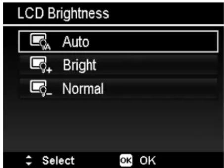 LCD Brightness Auto Bright Normal Select OK OK
