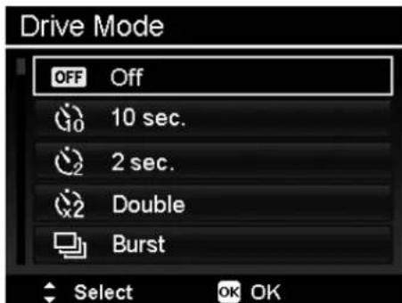 Drive Mode OFF Off 10 sec. 2 sec. Double Burst Select OK OK