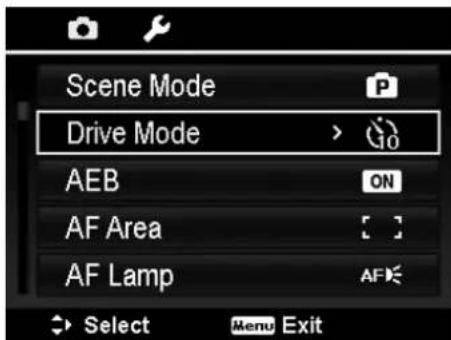 Scene Mode Drive Mode > AEB ON AF Area AF Lamp AF Select Menu Exit