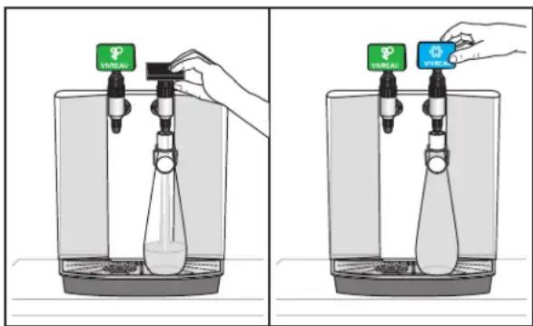 Diagram showing two steps of a water dispenser with 'VEREAU' labels, one being filled and the other holding a blue tag.