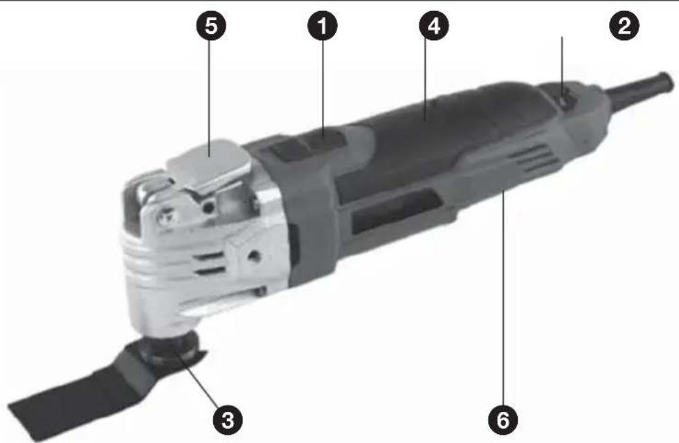 Labeled diagram of a power tool with numbered parts for identification