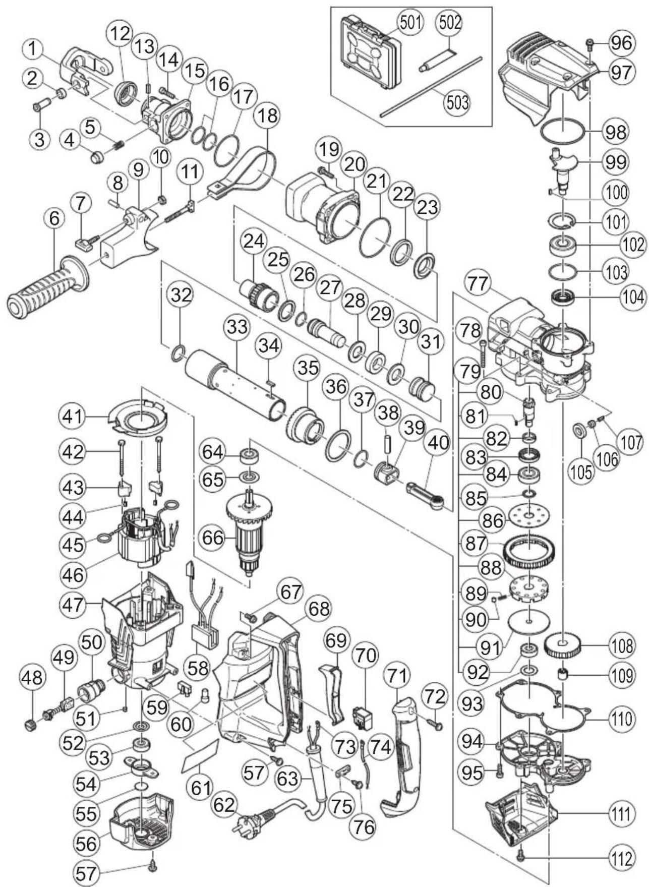 Exploded view diagram of a mechanical assembly with numbered parts and component labels