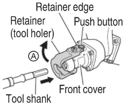Retainer edge Retainer (tool holer) Push button Front cover Tool shank