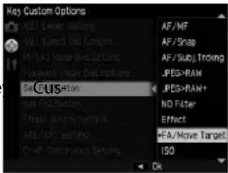 Key Custom Options MIL Lever Setting MIL Gland UO Conting. MIL AG Water Level Setting Playback State Dat Optics S#CUS#ton Hot F/S20 Settings Effect (Auto) Settings AEB/ARC setting C-4P Control Setting AF/MF AF/Snap AF/SubJ Troving JPEG>RAN JPEG>RAN+ NO Filter Effect +FA/Move Target ISO OK