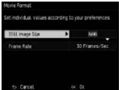 Movie Format Set individual values according to your preferences Still Image Size Frame Rate 30 Frames/Sec Cancel OK
