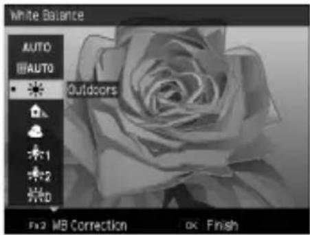 White Balance AUTO AUTO Outdoors 1 2 3 F:2 MB Correction OK Finish