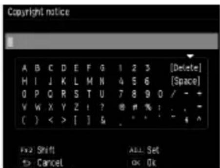 Copyright notice A B C D E F G 1 2 3 [Delete] H I J K L M N 4 5 6 [Space] 0 P Q R S T U 7 8 9 0 / - + V W X Y Z t ? @ # % : . . - ( ) < > [ ] & . * * ' - 4 ^ Fix2 Shift ALL Set -> Cancel OK Ok