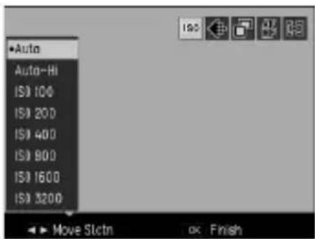 Auto Auto-HI ISO 100 ISO 200 ISO 400 ISO 900 ISO 1600 ISO 3200 Move Slotn OK Finish