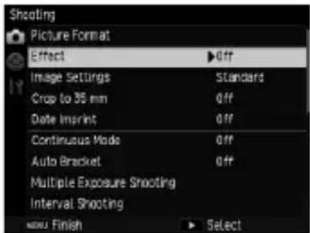 Shooting Picture Format Effect ▶ Off Image Settings Standard Crop to 35 mm 0ff Date Imprint 0ff Continuous Mode 0ff Auto Bracket 0ff Multiple Exposure Shooting Interval Shooting MENU: Finish ▶ Select