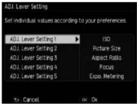 ADJ. Lever Setting Set individual values according to your preferences. ADJ. Lever Setting 1 ADJ. Lever Setting 2 ADJ. Lever Setting 3 ADJ. Lever Setting 4 ADJ. Lever Setting 5 ISO Picture Size Aspect Ratio Focus Expo. Metering Cancel OK Ok