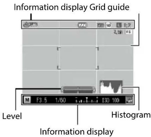 Information display Grid guide Level F3.5 1/60 ISO 100 Histogram Information display