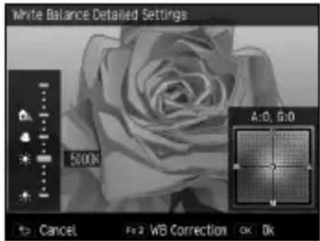 White Balance Detailed Settings 5:00K A:0, 6:0 Cancel Fo2 WB Correction OK 0k