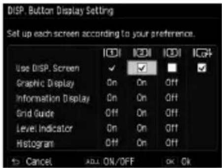 DISP. Button Display Setting Set up each screen according to your preference. Use DISP. Screen Graphic Display Information Display Grid Guide Level Indicator Histogram Cancel ADD ON/OFF OK OK