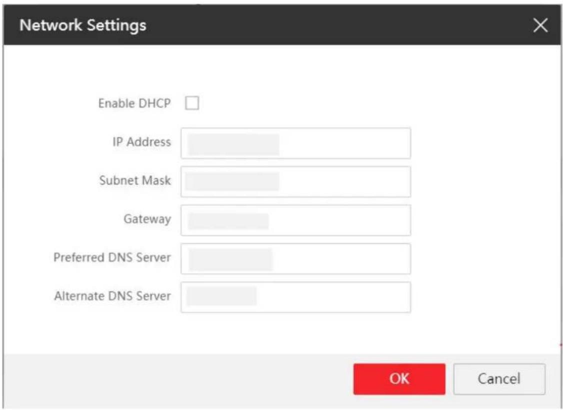 Network Settings Enable DHCP IP Address Subnet Mask Gateway Preferred DNS Server Alternate DNS Server OK Cancel