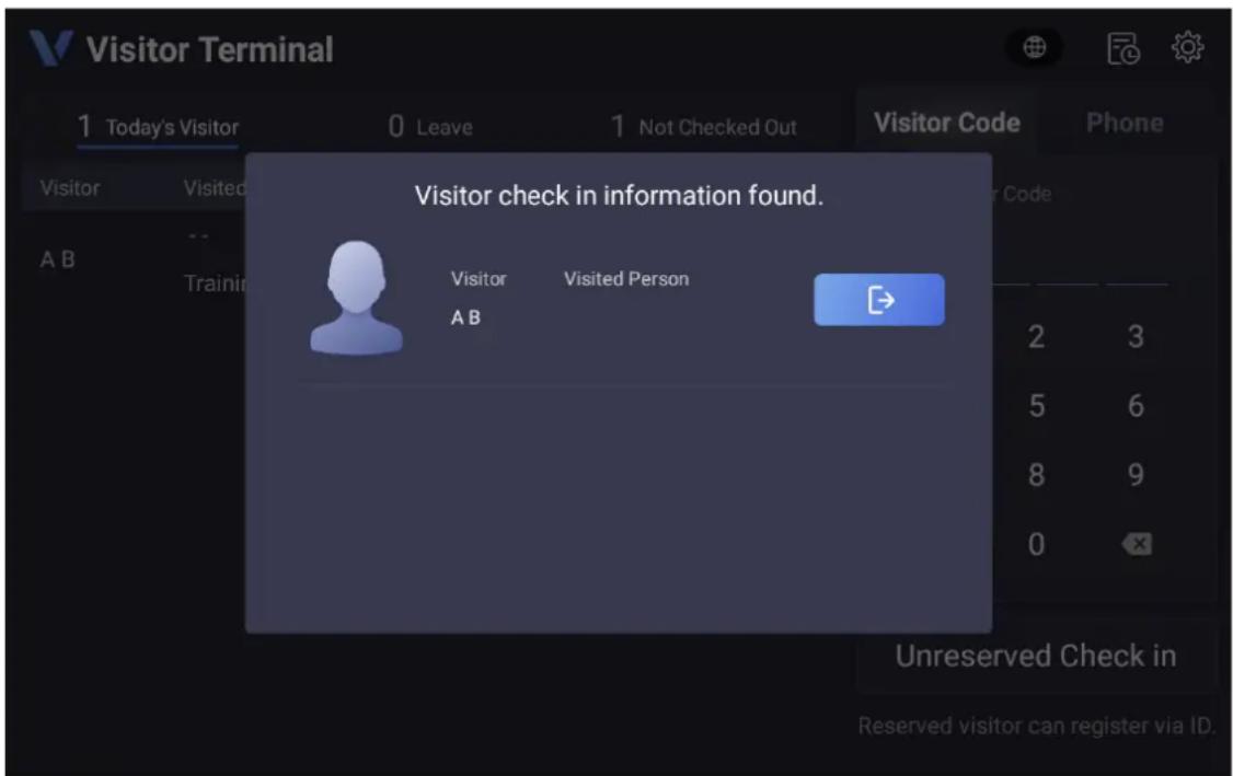 Visitor Terminal 1 Today's Visitor 0 Leave 1 Not Checked Out Visitor A B Visited Trainin Visitor check in information found. Visitor Visited Person A B 2 3 5 6 8 9 0 ✗ Unreserved Check in Reserved visitor can register via ID.