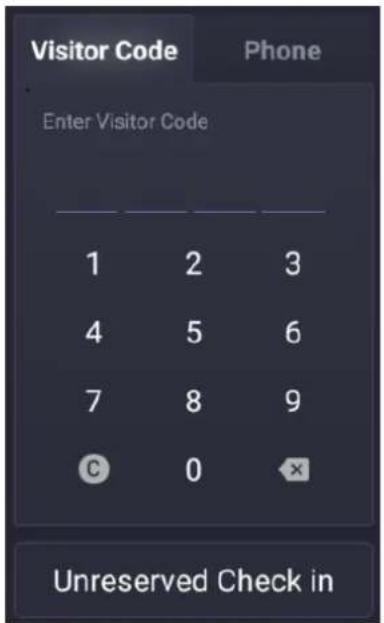 Visitor Code Phone Enter Visitor Code 1 2 3 4 5 6 7 8 9 C 0 × Unreserved Check in