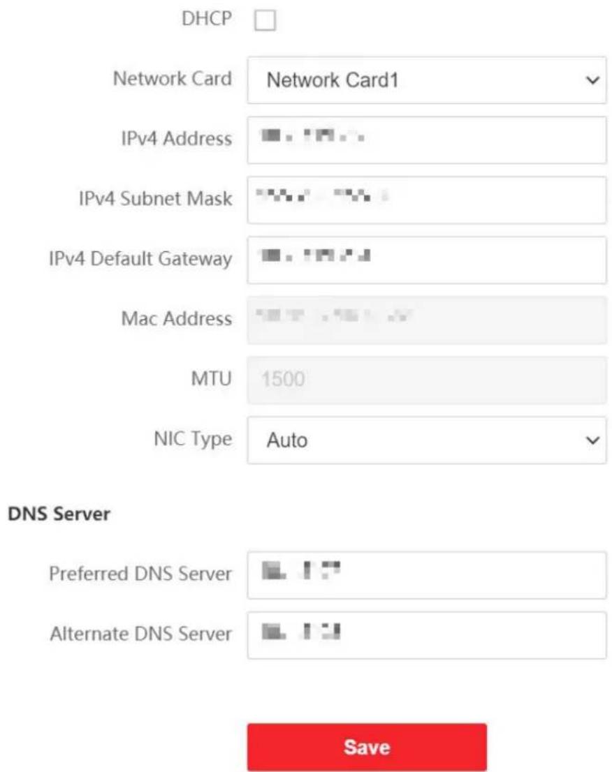 DHCP Network Card Network Card1 IPv4 Address IPv4 Subnet Mask IPv4 Default Gateway Mac Address MTU 1500 NIC Type Auto DNS Server Preferred DNS Server Alternate DNS Server Save