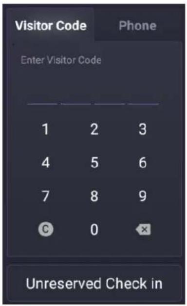 Visitor Code Phone Enter Visitor Code 1 2 3 4 5 6 7 8 9 C 0 × Unreserved Check in
