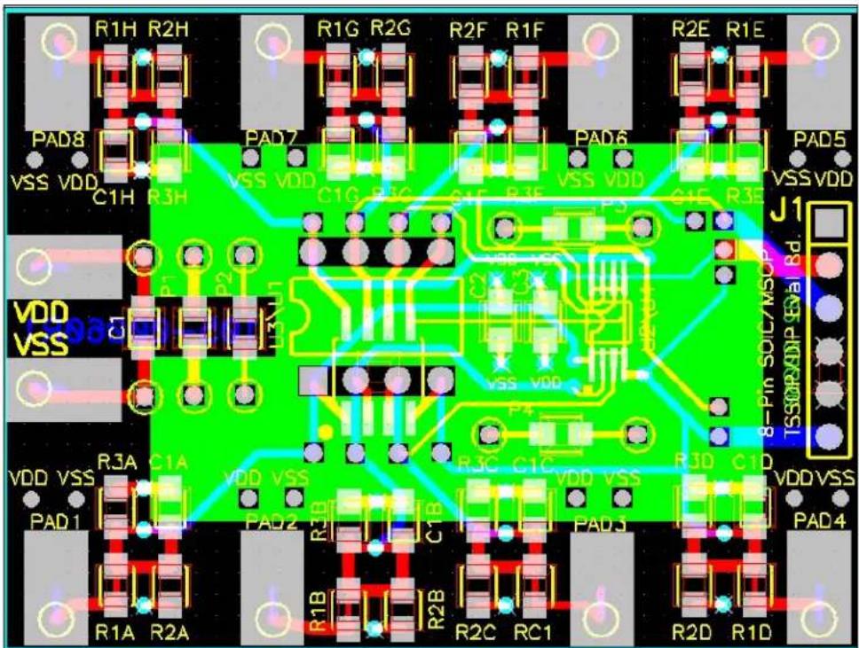 R1H R2H R1G R2G R2F R1F R2E R1E PAD8 VSS VDD C1H R3H PAD7 VSS VDD C1G R1G PAD6 VSS VDD C1F R1F P3 G4F R3F PAD5 VSS VDD J1 VDD VSS VDD VSS R3A C1A VDD VSS PAD1 PAD2 R1B R2B R2C RC1 R3C C1C VDD VSS PAD3 R3D C1D VDDVSS PAD4 R1A R2A R2D R1D