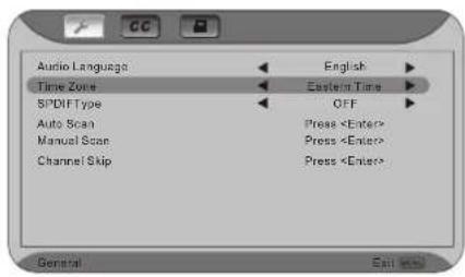 Audio Language English Time Zone Eastern Time SPOFF Type OFF Auto Scan Press Manual Scan Press Channel Skip Press General Exit wall