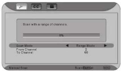 Scan with a range of channels. 0% Scan Mode From Channel To Channel Range Mode 2 69 Manual Scan Scan (Ref) <