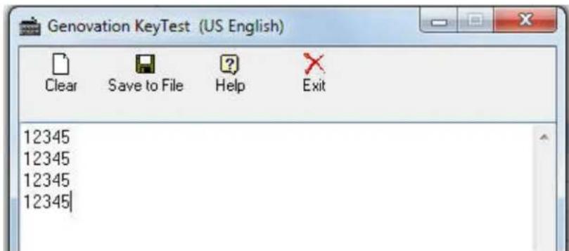Genovation KeyTest (US English) Clear Save to File Help Exit 12345 12345 12345 12345