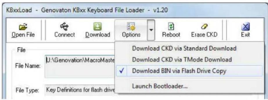 KBxxLoad - Genovaton KBxx Keyboard File Loader - v1.20 Open File Connect Download Options Reboot Erase CKD Exit File File Name: LJ:\Genovation\MacroMaste Download CKD via Standard Download Download CKD via TMode Download ✓ Download BIN via Flash Drive Copy Launch Bootloader... File Type: Key Definitions for flash drive